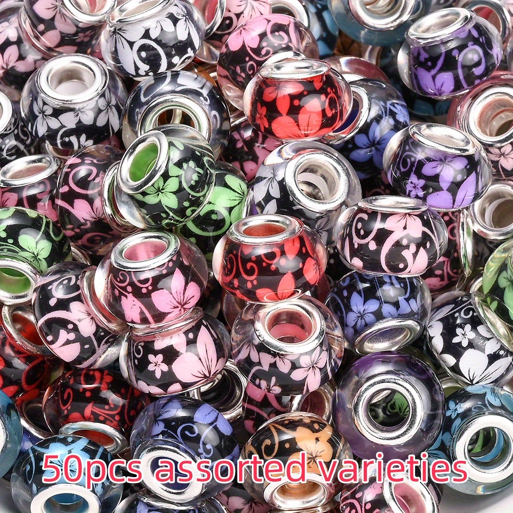 9x14mm Floral Print Acrylic Beads Clear Big Hole Assortment for Jewelry Making